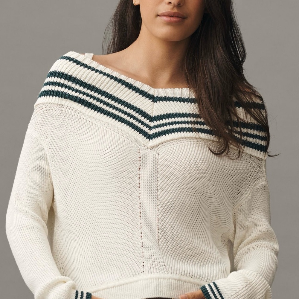 Maeve Off-Shoulder Sweater - Cream and Black Stripes